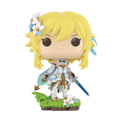 Figura colecionável Funko Pop de personagem feminina loira com flores e espada