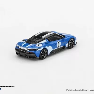 Miniatura de carro desportivo azul com detalhes brancos e pretos e número 1