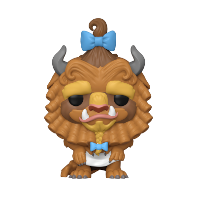 Figura Funko Pop da Fera com laços azuis em fundo preto