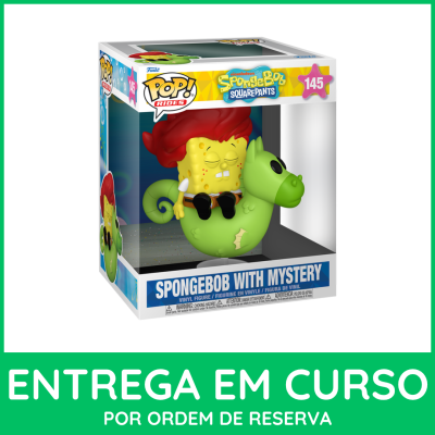 Boneco de vinil SpongeBob vermelho montado num animal marinho verde em caixa Pop! Rides
