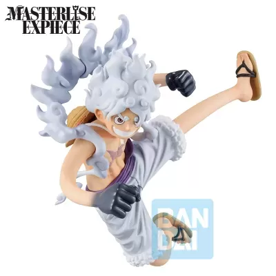 Figura de ação com cabelo branco flamejante e luvas pretas em fundo branco