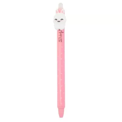 Caneta cor-de-rosa com bolas brancas e figura branca de coelho no topo