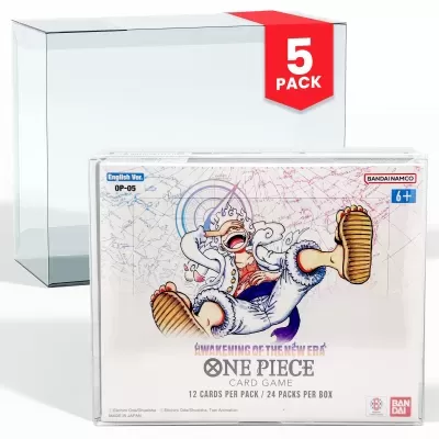 Embalagem jogo de cartas One Piece com 5 packs, 12 cartas por pack, texto em inglês e logotipos Bandai Namco e Bandai
