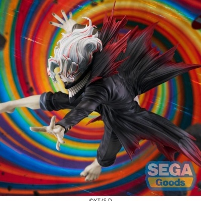 Figura de ação com cabelo branco e capa preta rasgada em fundo colorido em espiral