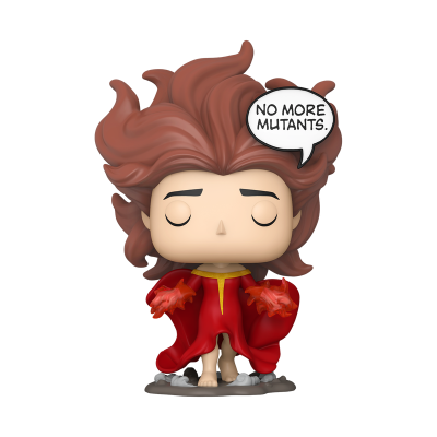 Figura de vinil com cabelo castanho-avermelhado, roupa vermelha e balão de texto