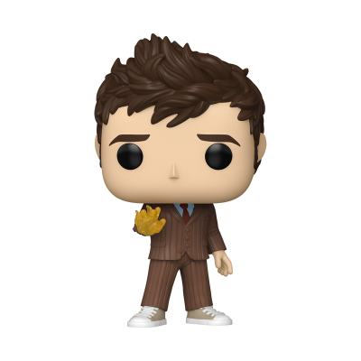 Funko Pop de personagem masculino com fato castanho e efeito amarelo na mão