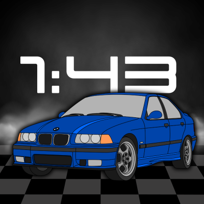 Carro BMW azul em modelo digital com texto 1:43 ao fundo