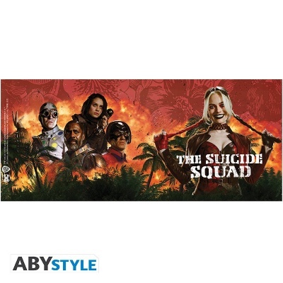 Imagem promocional de The Suicide Squad com vários personagens e fundo de fogo e plantas