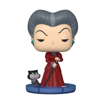Figura Funko Pop mulher com vestido vermelho e gato cinzento.