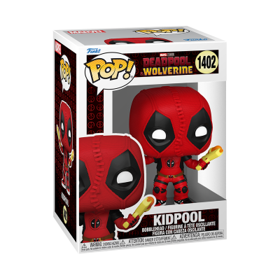 Figura Pop! Kidpool Deadpool Wolverine, número 1402, em caixa com janela transparente