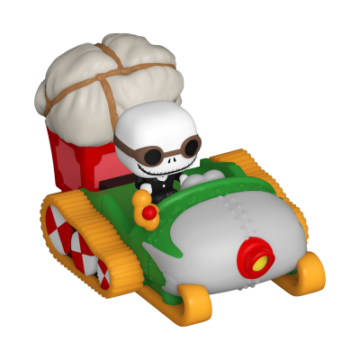 Boneco estilizado num carro verde e cinza com uma grande pilha branca atrás