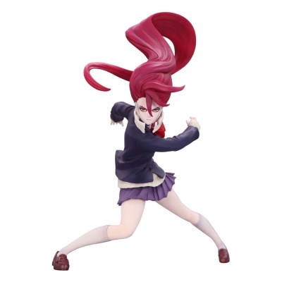 Figurina de personagem animado com cabelo vermelho e roupa azul e roxa em pose de combate