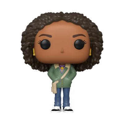 Figura Funko Pop de personagem com casaco verde e cabelo encaracolado.