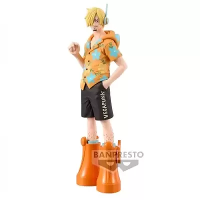 Figura colecionável de personagem masculino com roupa colorida e fones de ouvido