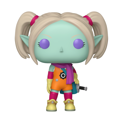 Figura Funko Pop personagem pele verde cabelo loiro roupa laranja botas amarelas