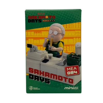 Embala de figura miniatura personagem em caixa registadora com texto Netflix Sakamoto Days e MEA 084