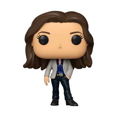 Figura Funko Pop feminina com casaco cinza e cabelo castanho