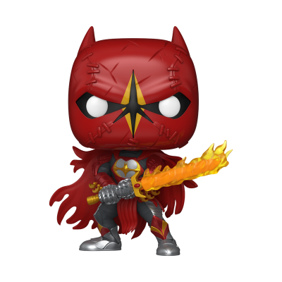 Figura Funko Pop vermelho com máscara, capa e espada flamejante