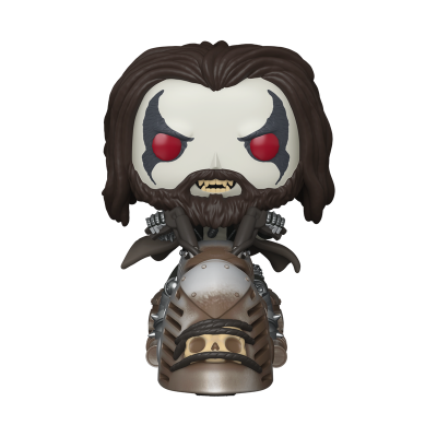 Figura Funko Pop personagem com olhos vermelhos numa moto com capacete de caveira