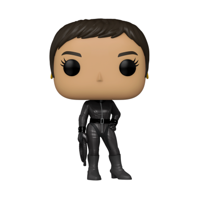 Figura colecionável Funko Pop personagem feminina com fato preto e arma