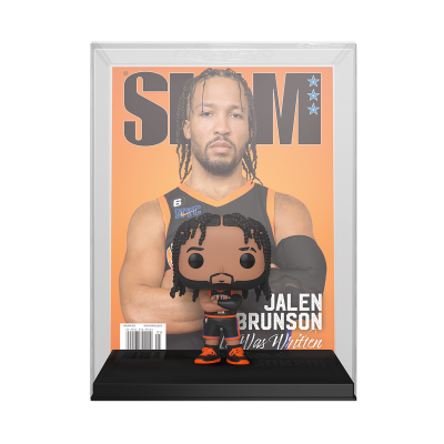 Funko Pop de Jalen Brunson com capa da revista SLAM ao fundo