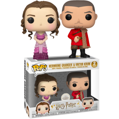Duas mini figuras de vinil Pop! Hermione Granger e Viktor Krum, em cima da embalagem da edição Harry Potter.