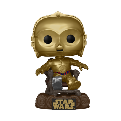Figura Funko Pop C-3PO dourado de Star Wars com base castanha e texto 'STAR WARS'