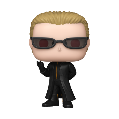 Figura Funko Pop de personagem masculino de cabelo louro com casaco e óculos escuros pretos