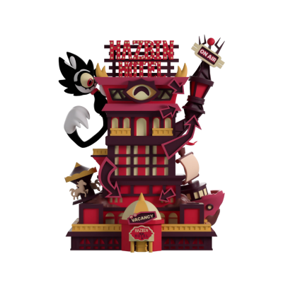 Figura plástica do edifício HAZBIN HOTEL com texto NO VACANCY e ON AIR.