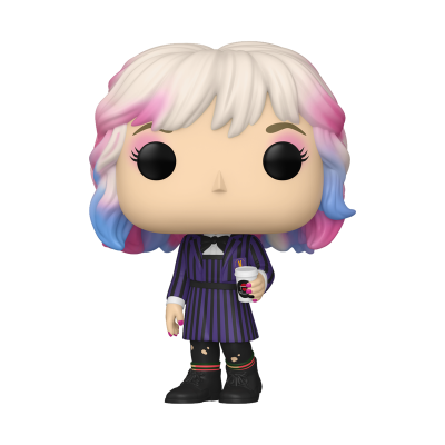 Figura Funko Pop vinil cabelo multicolorido vestido roxo com riscas pretas