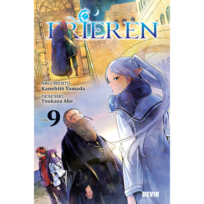 Capa do manga Prieren, volume 9, com ilustração colorida de personagens de fantasia e arquitectura medieval