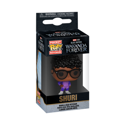 Figura Pop! Pocket Keychain Shuri do filme Black Panther Wakanda Forever com roupa roxa em embalagem preta