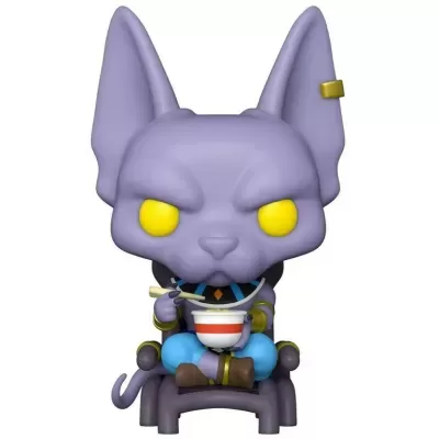 Figura colecionável estilizada de um gato roxo com grandes orelhas e olhos amarelos sentado num trono