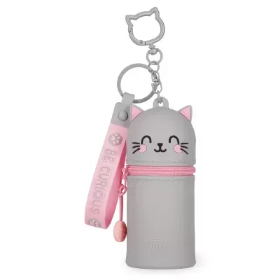 Porta-chaves em silicone cinzento e rosa com formato de gato e pulseira com texto