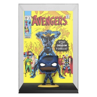 Figura Funko Pop do Pantera Negra com fundo de banda desenhada dos Avengers