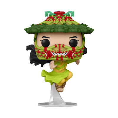 Boneco Funko Pop vestido verde e amarelo com chapéu e máscara decorados