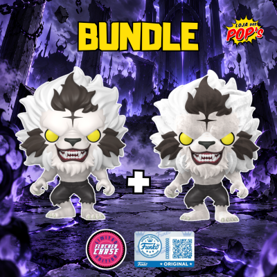 Dois bonecos colecionáveis Funko Pop monstros peludos brancos com olhos amarelos em fundo sombrio roxo
