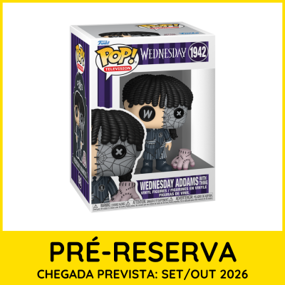 Figura Funko Pop Wednesday Addams with Thing em embalagem roxa e branca