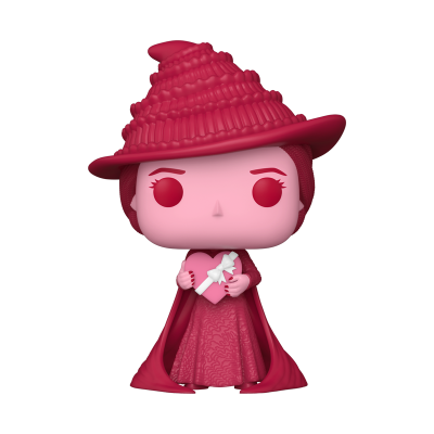 Figura Funko Pop rosa e vermelha com vestido, capa, chapéu e caixa de presente em forma de coração