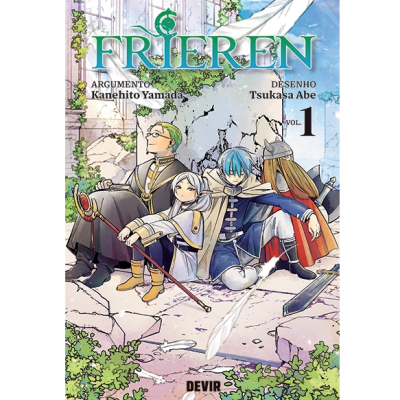 Capa do livro 'Frieren' Volume 1 com quatro personagens numa cena de ruínas