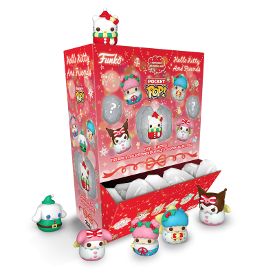 Caixa vermelha de colecionáveis Funko Pocket Pop! Hello Kitty And Friends com figuras de vinil natalícias coloridas