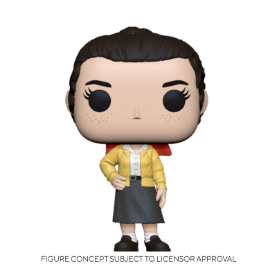 Figura Funko Pop de mulher com casaco amarelo e lenço vermelho