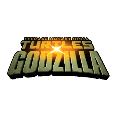 Logótipo 3D Teenage Mutant Ninja Turtles x Godzilla com texto verde e amarelo e luz no centro.