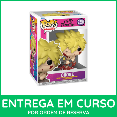 Boneco Funko Pop! Hells Paradise Chobe com cabelo amarelo e manchas vermelhas na embalagem
