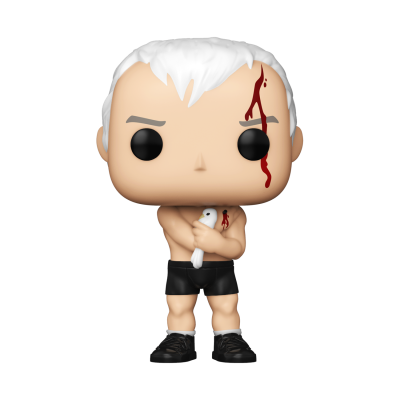 Figura Funko Pop de homem branco sem camisa segurando um pombo branco com marcas vermelhas no rosto e peito.