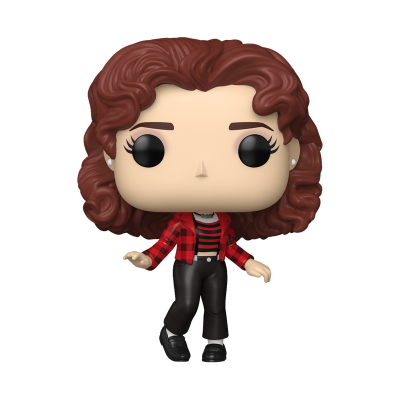 Figura Funko Pop com cabelo castanho encaracolado e roupa casual em fundo branco