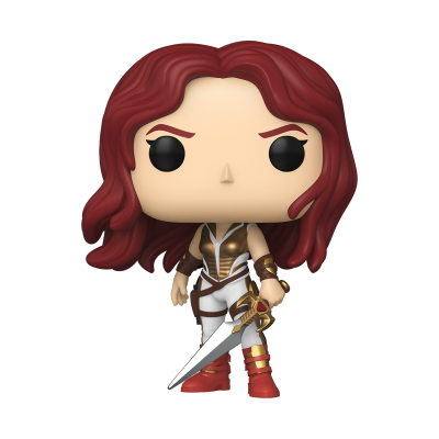 Figura Funko Pop com cabelo vermelho, traje branco e dourado, botas vermelhas, segurando espada