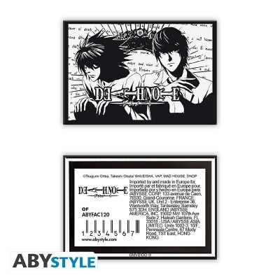 Placa ou poster preto e branco do anime Death Note com personagens e texto