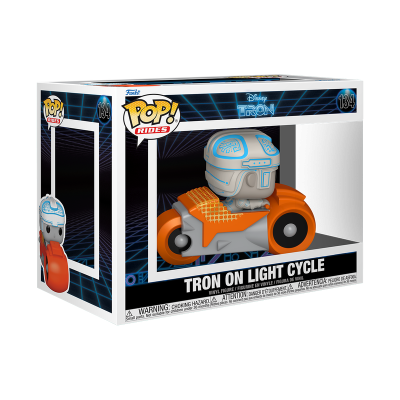 Figura Funko Pop Rides TRON em motocicleta laranja com capacete cinzento claro e azuis, na caixa
