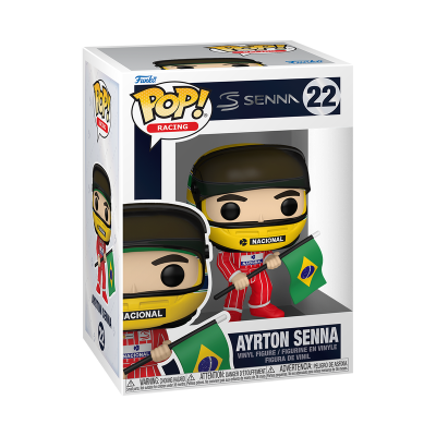 Figura Funko Pop! Ayrton Senna com capacete amarelo, macacão vermelho e bandeira do Brasil na embalagem.